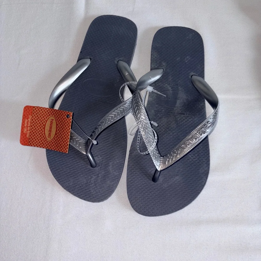 Havaianas Flip Flops 11 - 12 Steel Grey silver new Metallic Thong Sandal beach